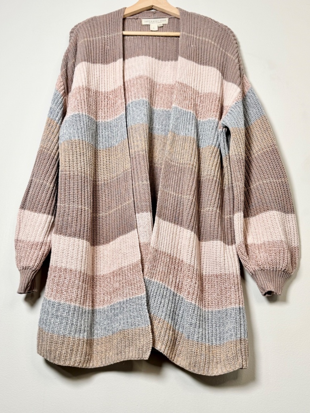 Saltwater Luxe Striped Chunky Cotton Knit Open Front Cardigan Sweater Sz L